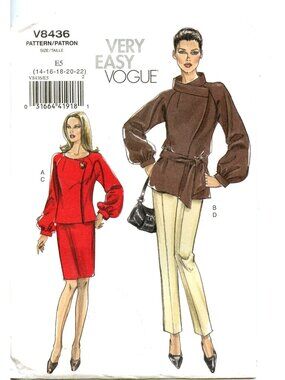 Very Easy Vogue V8436 Sewing Pattern Misses Jacket Skirt Pants, Sash Sizes 14-22